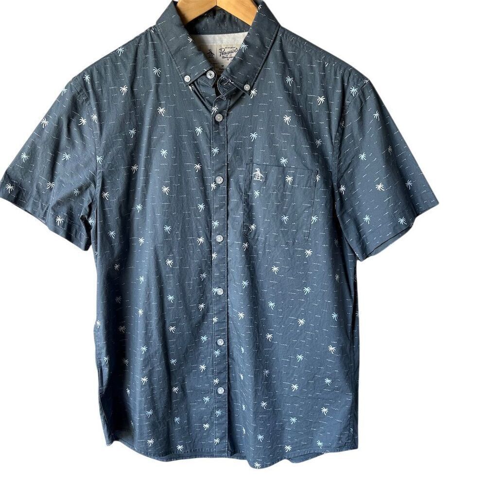 Original Penguin Men's M Blue Graphic Print Short Sleeve Button-Up Shirt